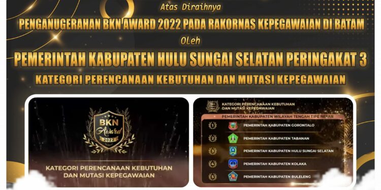 Alhamdulillah Atas Diraihnya Penganugerahan BKN Award 2022 Pada Rakornas Kepegawaian Di Batam Oleh Pemerintah Kabupaten Hulu Sungai Selatan Peringkat 3 Kategori Perencanaan Kebutuhan Dan Mutasi Kepegawaian