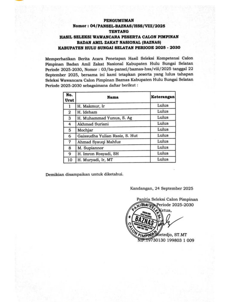 PENGUMUMAN HASIL SELEKSI WAWANCARA PESERTA CALON PIMPINAN BAZNAS KAB. HSS PERIODE 2025 – 2030