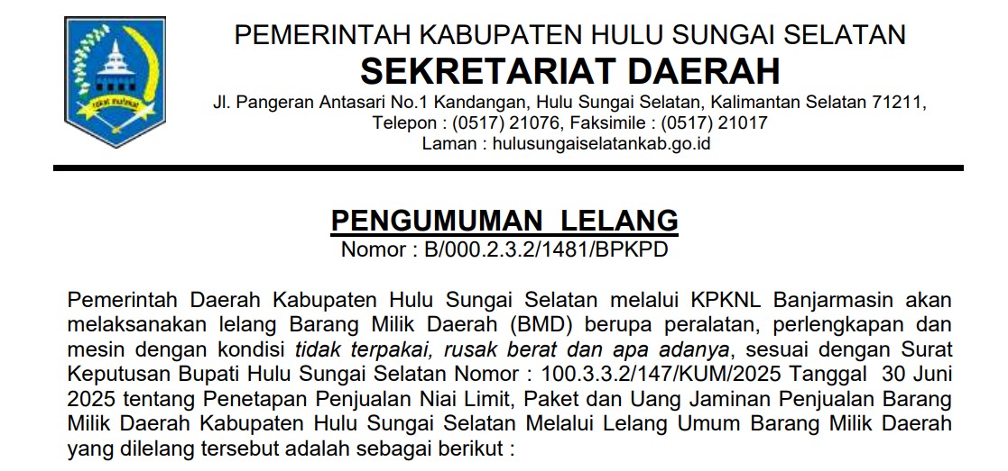PENGUMUMAN LELANG BARANG MILIK DAERAH