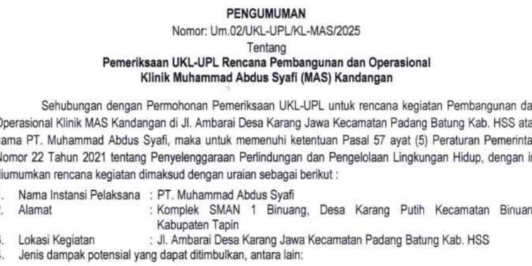 PEMERIKSAAN UKL-UPL RENCANA PEMBANGUNAN DAN OPERASIONAL KLINIK MUHAMMAD ABDUS SYAFI (MAS) KANDANGAN
